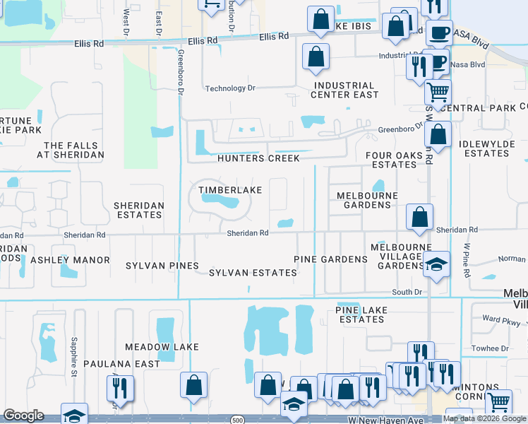 map of restaurants, bars, coffee shops, grocery stores, and more near 610 Dundee Circle in Melbourne