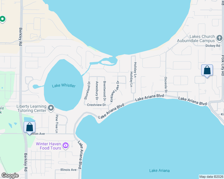 map of restaurants, bars, coffee shops, grocery stores, and more near 707 Woodrow Drive in Auburndale