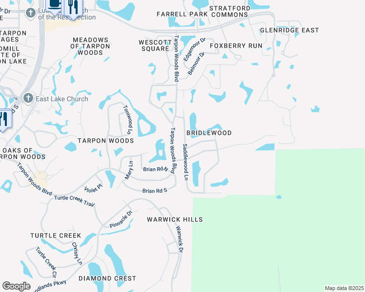 map of restaurants, bars, coffee shops, grocery stores, and more near 2643 Saddlewood Lane in Palm Harbor