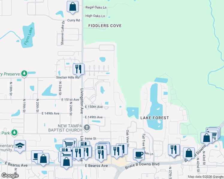 map of restaurants, bars, coffee shops, grocery stores, and more near 15108 Deer Meadow Drive in Lutz