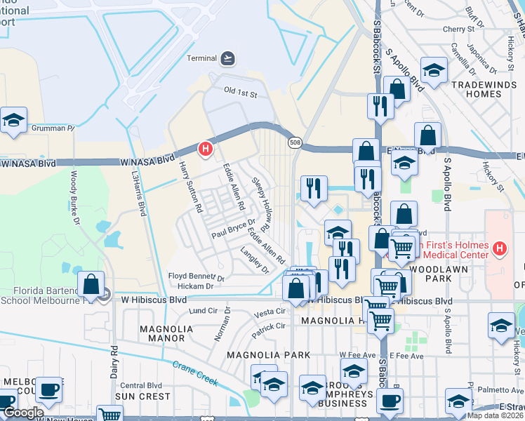 map of restaurants, bars, coffee shops, grocery stores, and more near 1154-1204 Paul Bryce Drive in Melbourne