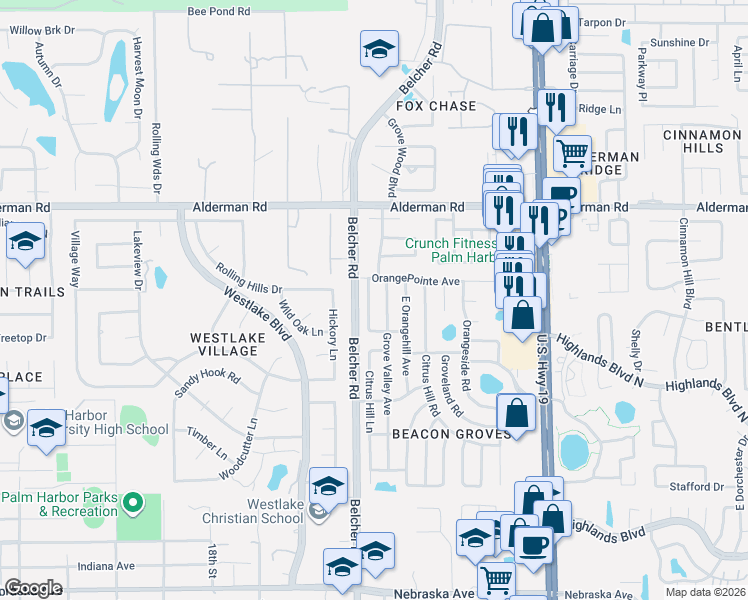 map of restaurants, bars, coffee shops, grocery stores, and more near 2476 Grove Ridge Drive in Palm Harbor