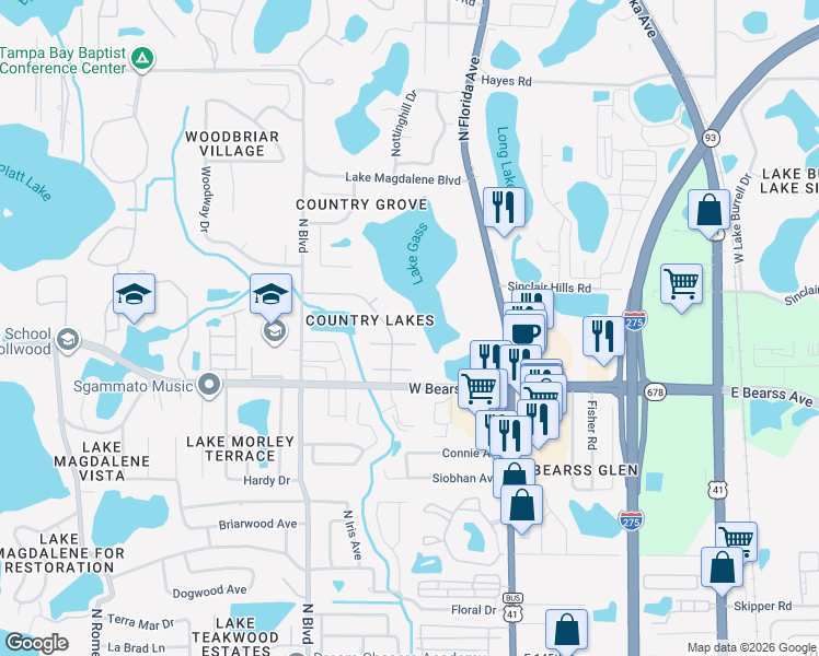 map of restaurants, bars, coffee shops, grocery stores, and more near 605 Speck Court in Tampa