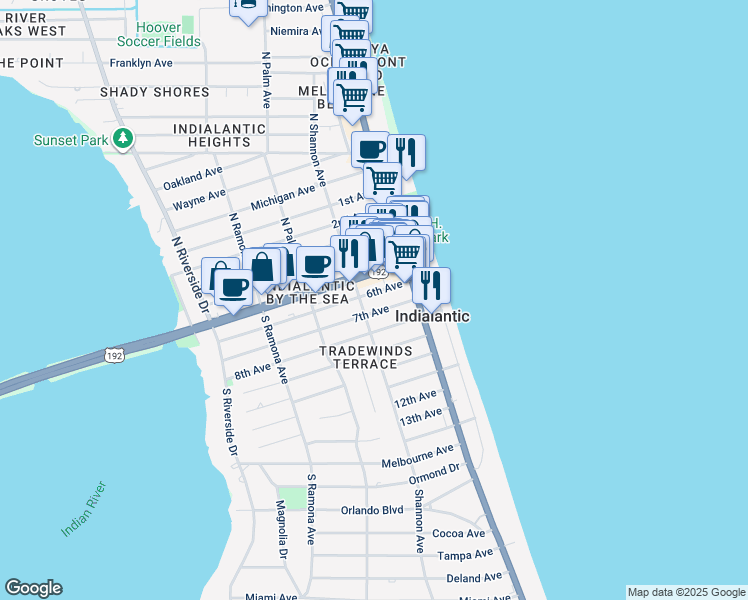 map of restaurants, bars, coffee shops, grocery stores, and more near 141 6th Avenue in Indialantic
