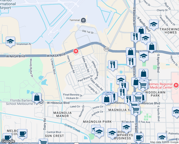map of restaurants, bars, coffee shops, grocery stores, and more near 1154-1204 Paul Bryce Drive in Melbourne