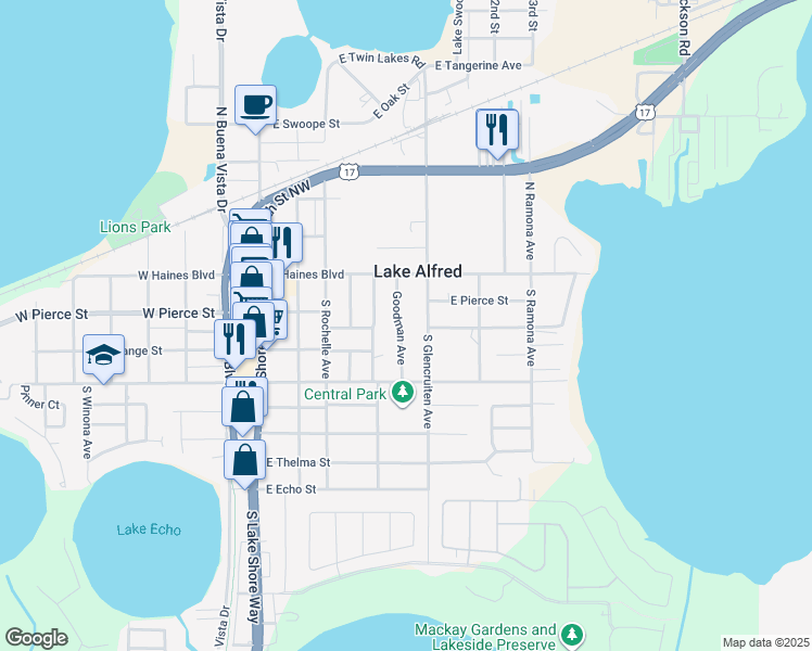 map of restaurants, bars, coffee shops, grocery stores, and more near 290 Goodman Avenue in Lake Alfred