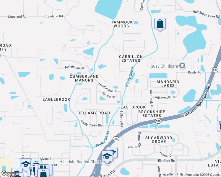 map of restaurants, bars, coffee shops, grocery stores, and more near 15101 Redvale Drive in Tampa