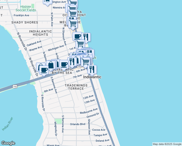 map of restaurants, bars, coffee shops, grocery stores, and more near 200 South Miramar Avenue in Indialantic