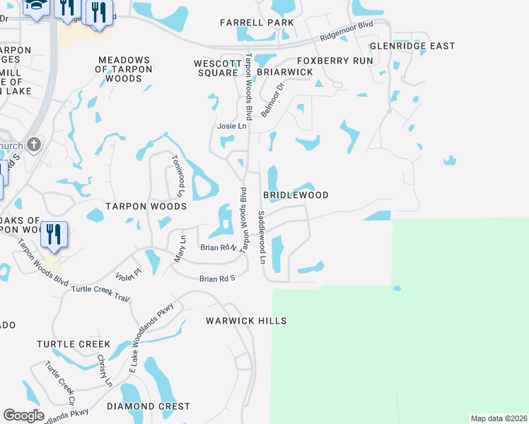 map of restaurants, bars, coffee shops, grocery stores, and more near 2643 Saddlewood Lane in Palm Harbor