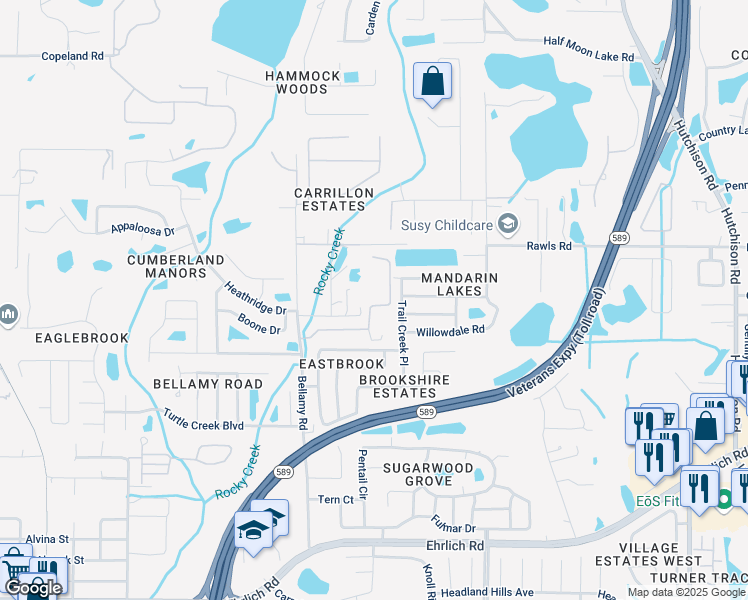 map of restaurants, bars, coffee shops, grocery stores, and more near 6117 Native Woods Drive in Tampa