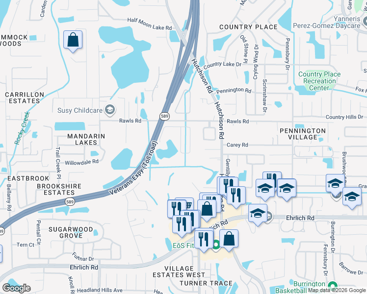 map of restaurants, bars, coffee shops, grocery stores, and more near 15315 Lake Bella Vista Drive in Tampa
