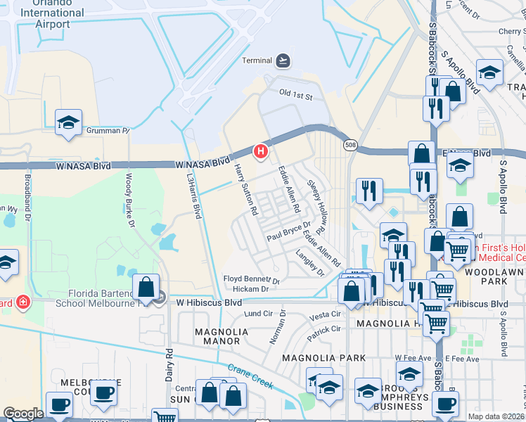 map of restaurants, bars, coffee shops, grocery stores, and more near 1134 White Chapel Road in Melbourne