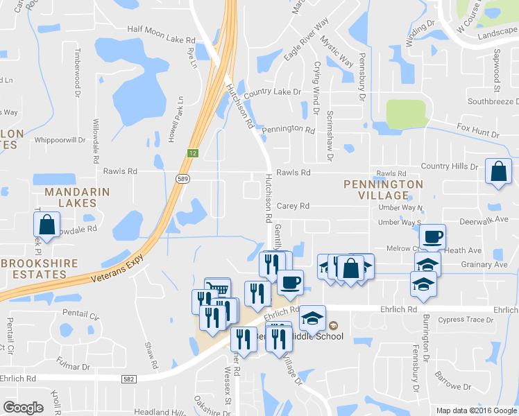 map of restaurants, bars, coffee shops, grocery stores, and more near 15340 Hutchison Road in Tampa