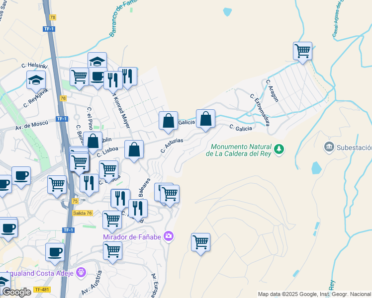 map of restaurants, bars, coffee shops, grocery stores, and more near 96 Calle Galicia in Costa Adeje