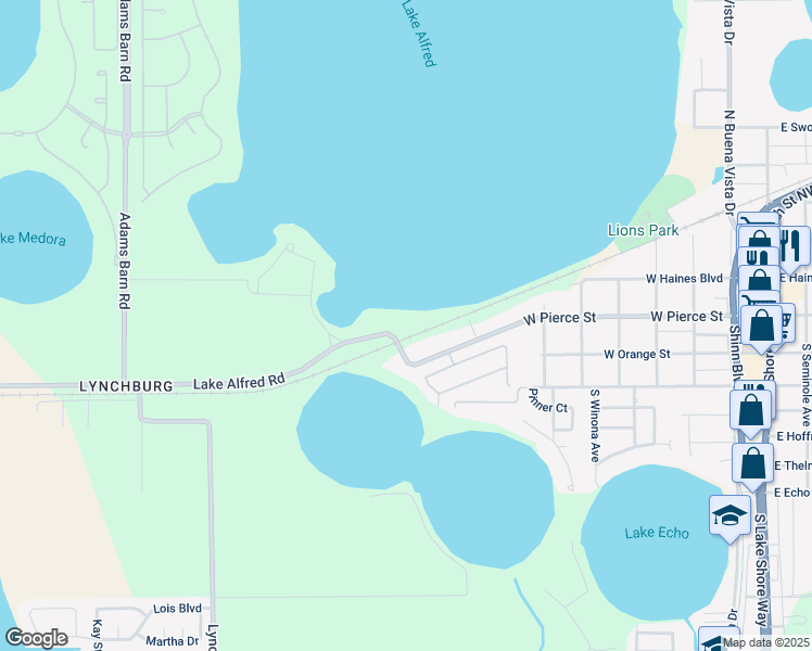 map of restaurants, bars, coffee shops, grocery stores, and more near 1201 West Pierce Street in Lake Alfred