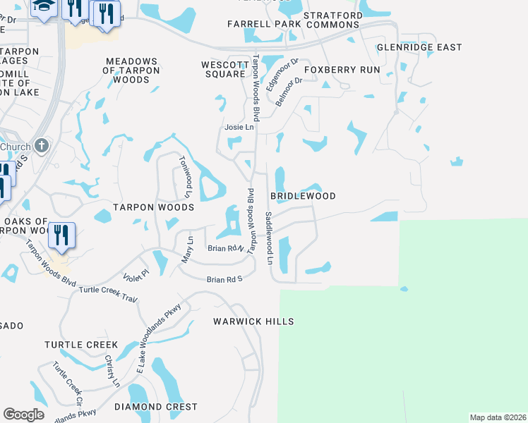 map of restaurants, bars, coffee shops, grocery stores, and more near 2643 Saddlewood Lane in Palm Harbor
