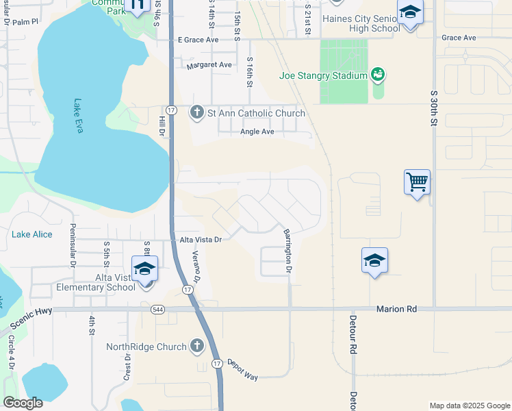 map of restaurants, bars, coffee shops, grocery stores, and more near 233 Barrington Drive in Haines City