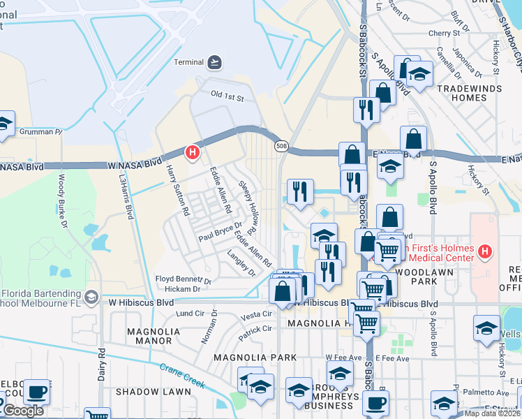 map of restaurants, bars, coffee shops, grocery stores, and more near Tradewind Drive in Melbourne