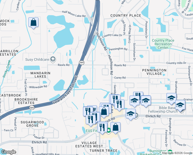 map of restaurants, bars, coffee shops, grocery stores, and more near 15415 Lake Bella Vista Drive in Tampa