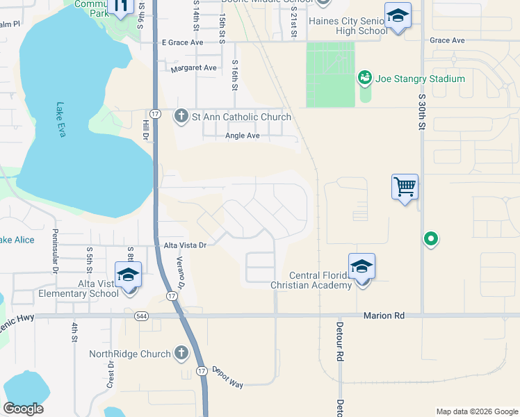 map of restaurants, bars, coffee shops, grocery stores, and more near 240 Sutherland Drive in Haines City