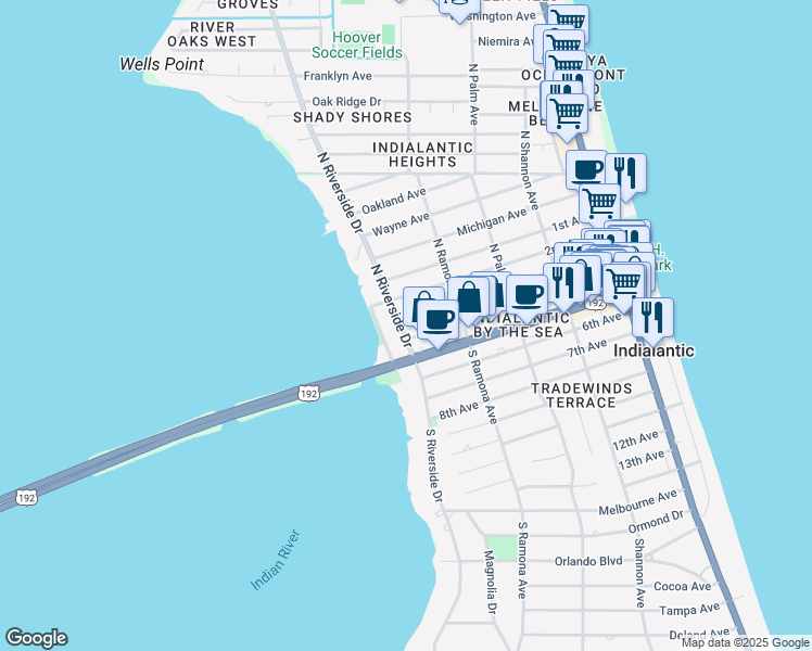 map of restaurants, bars, coffee shops, grocery stores, and more near 205 North Riverside Drive in Indialantic