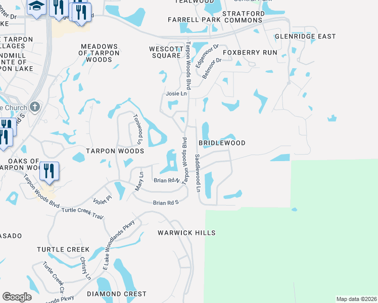 map of restaurants, bars, coffee shops, grocery stores, and more near 2643 Saddlewood Lane in Palm Harbor