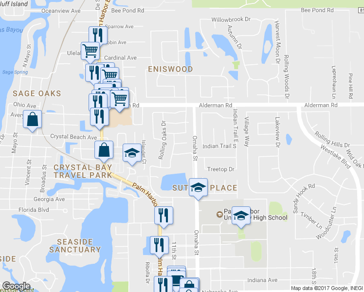 map of restaurants, bars, coffee shops, grocery stores, and more near 1146 Ridgecrest Court in Palm Harbor