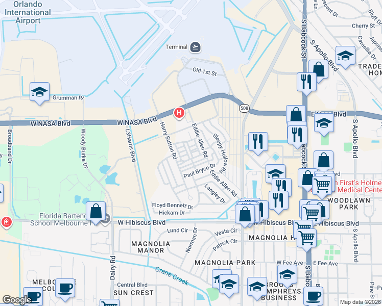 map of restaurants, bars, coffee shops, grocery stores, and more near 641 Blueberry Ln in Melbourne