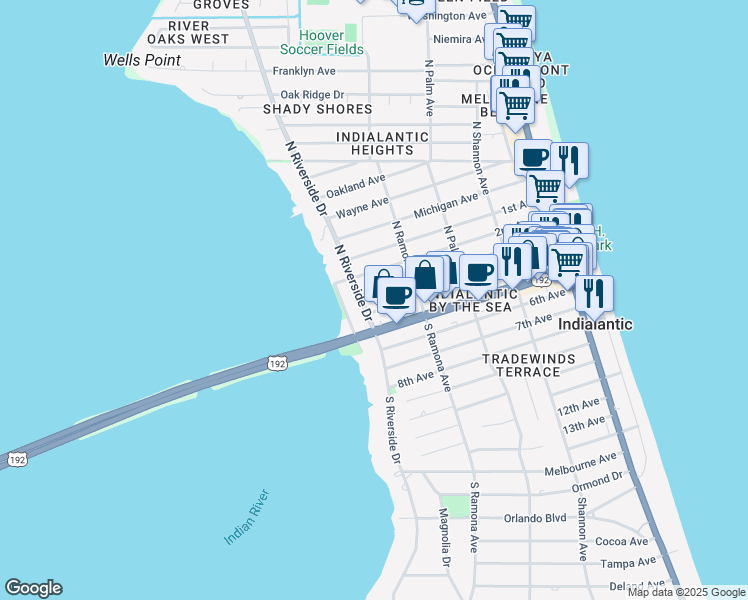 map of restaurants, bars, coffee shops, grocery stores, and more near 205 North Riverside Drive in Indialantic