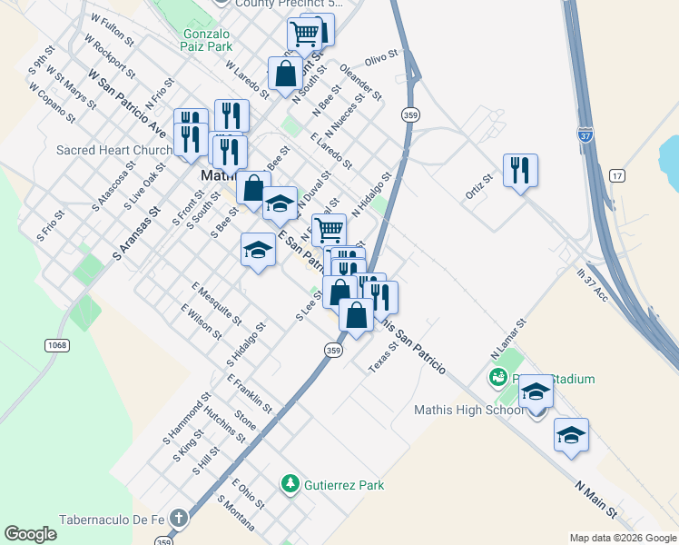 map of restaurants, bars, coffee shops, grocery stores, and more near 104 North Lee Street in Mathis