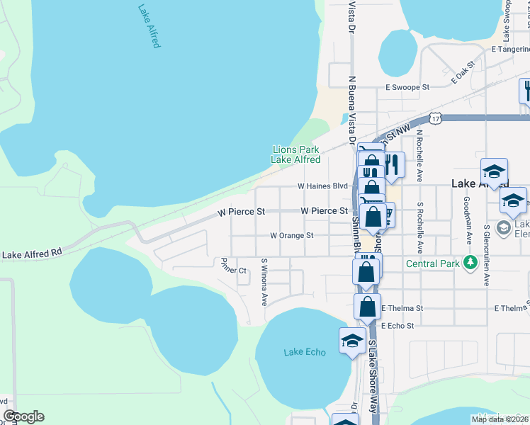 map of restaurants, bars, coffee shops, grocery stores, and more near 560 West Pierce Street in Lake Alfred