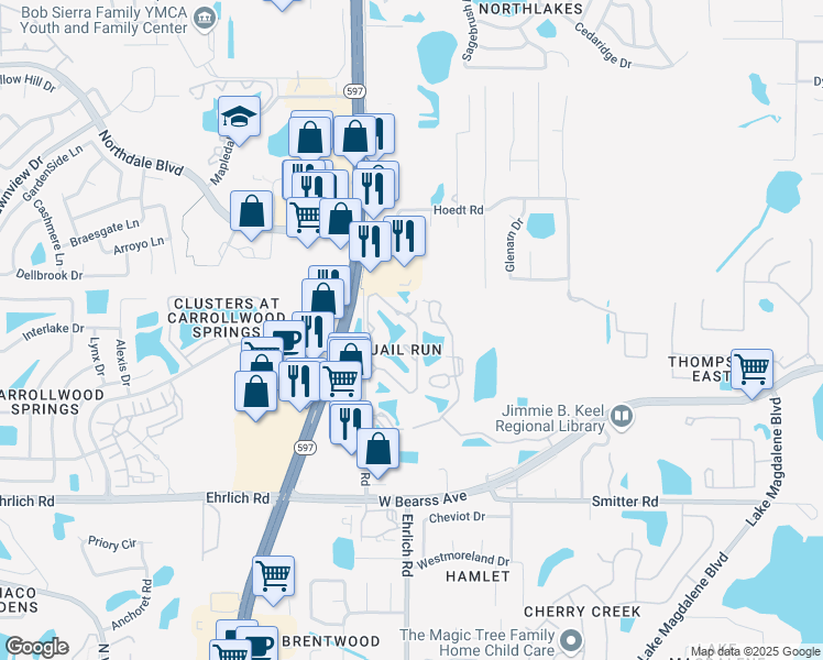 map of restaurants, bars, coffee shops, grocery stores, and more near 15338 East Pond Woods Drive in Lake Magdalene