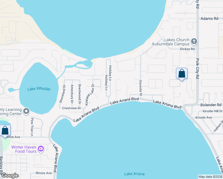 map of restaurants, bars, coffee shops, grocery stores, and more near 118 Holiday Lane in Auburndale