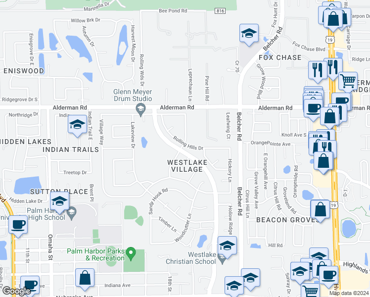 map of restaurants, bars, coffee shops, grocery stores, and more near 830 Rolling Hills Drive in Palm Harbor