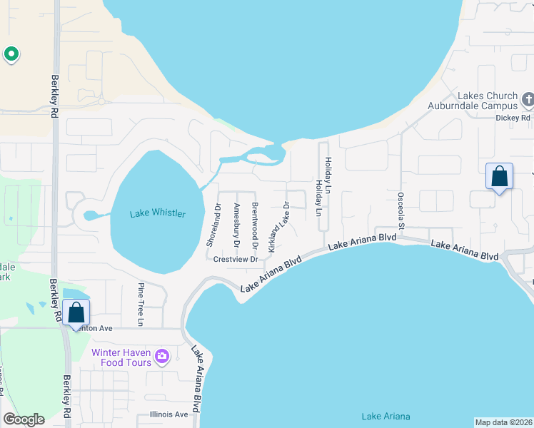 map of restaurants, bars, coffee shops, grocery stores, and more near 707 Woodrow Drive in Auburndale