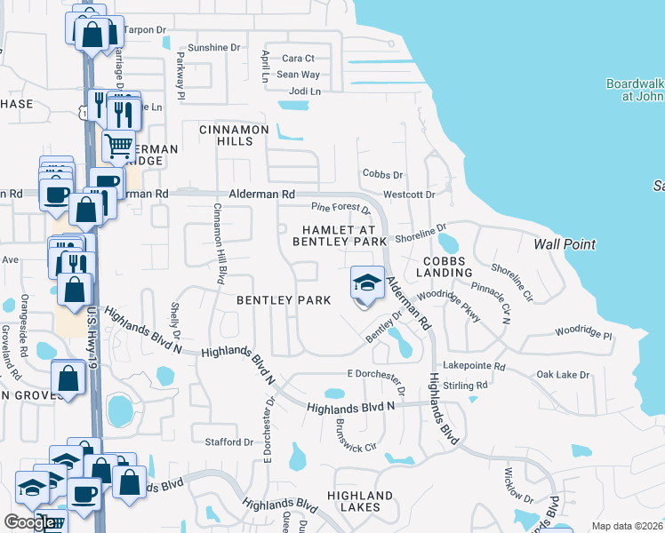 map of restaurants, bars, coffee shops, grocery stores, and more near 3177 Montrose Place in Palm Harbor