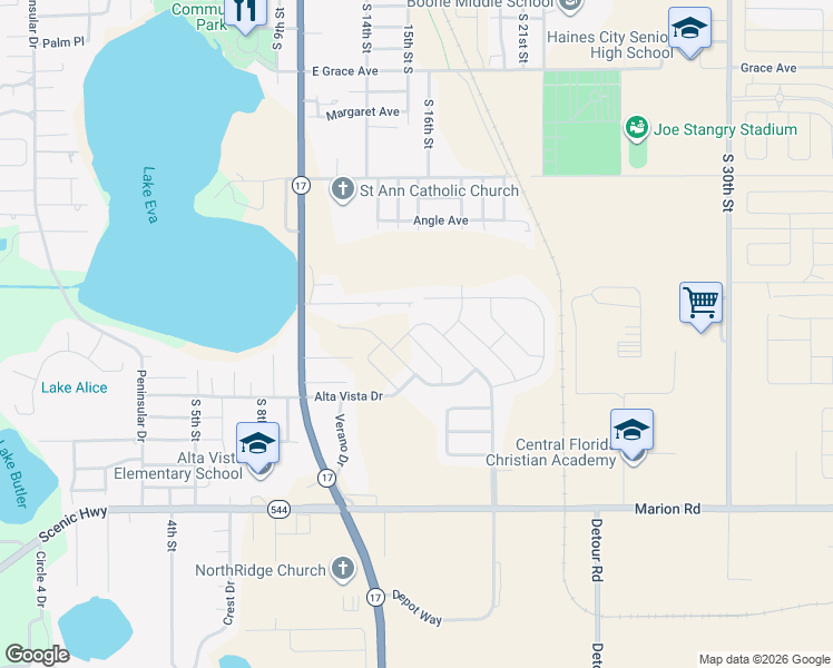 map of restaurants, bars, coffee shops, grocery stores, and more near 1320 Leone Drive in Haines City