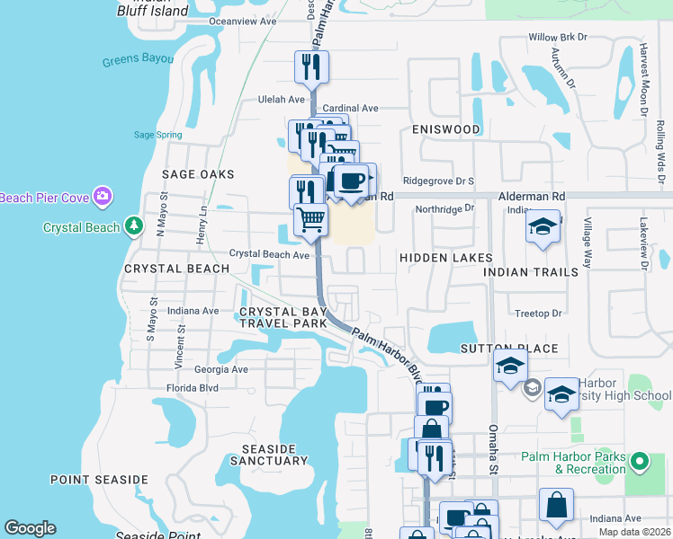 map of restaurants, bars, coffee shops, grocery stores, and more near 627 Crystal Dr in Palm Harbor