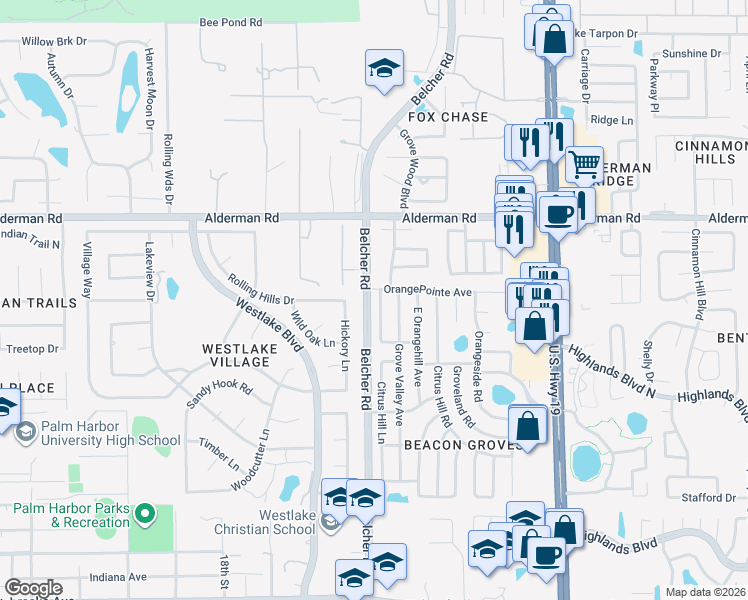 map of restaurants, bars, coffee shops, grocery stores, and more near 2476 Grove Ridge Drive in Palm Harbor