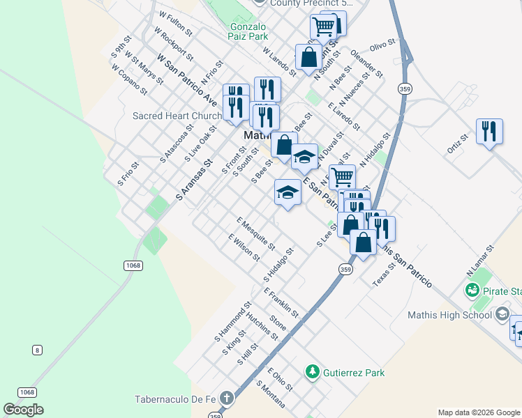 map of restaurants, bars, coffee shops, grocery stores, and more near 318 South Nueces Street in Mathis
