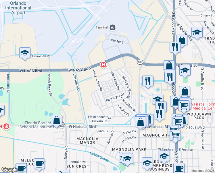 map of restaurants, bars, coffee shops, grocery stores, and more near 601-641 Blueberry Ln in Melbourne