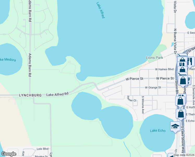 map of restaurants, bars, coffee shops, grocery stores, and more near 1201 West Pierce Street in Lake Alfred