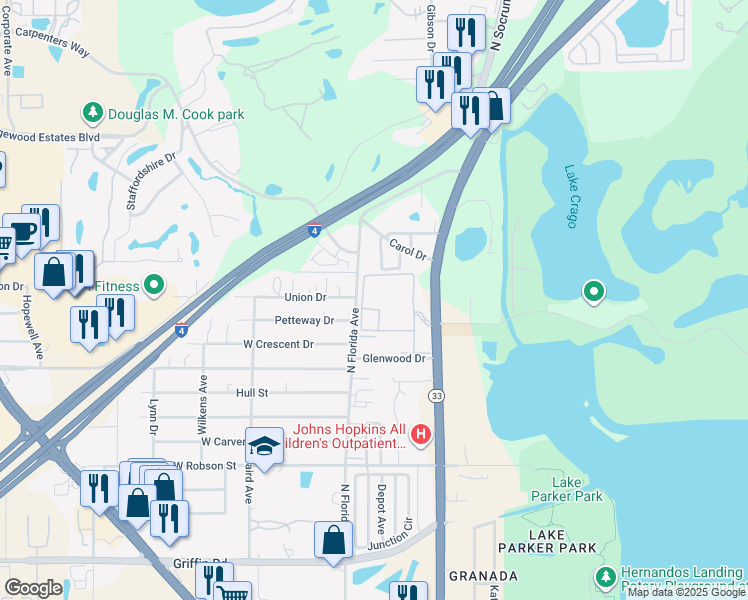 map of restaurants, bars, coffee shops, grocery stores, and more near 110 Victoria Manor Loop in Lakeland
