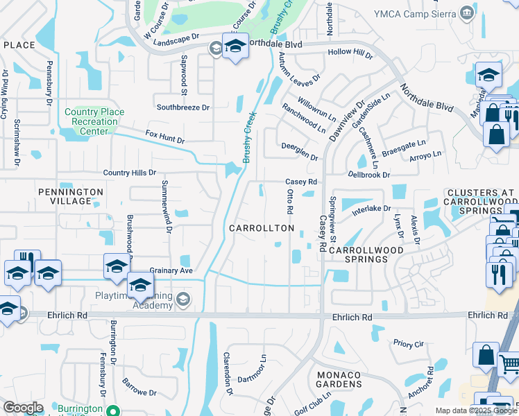 map of restaurants, bars, coffee shops, grocery stores, and more near 15404 Carrollton Lane in Tampa