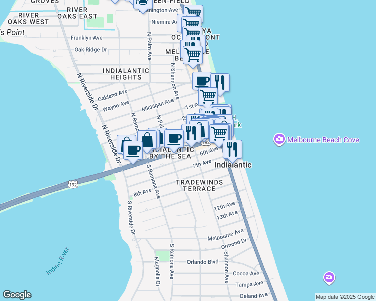 map of restaurants, bars, coffee shops, grocery stores, and more near 210 5th Avenue in Indialantic