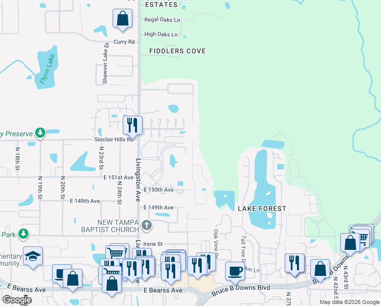 map of restaurants, bars, coffee shops, grocery stores, and more near 15118 Deer Meadow Drive in Lutz