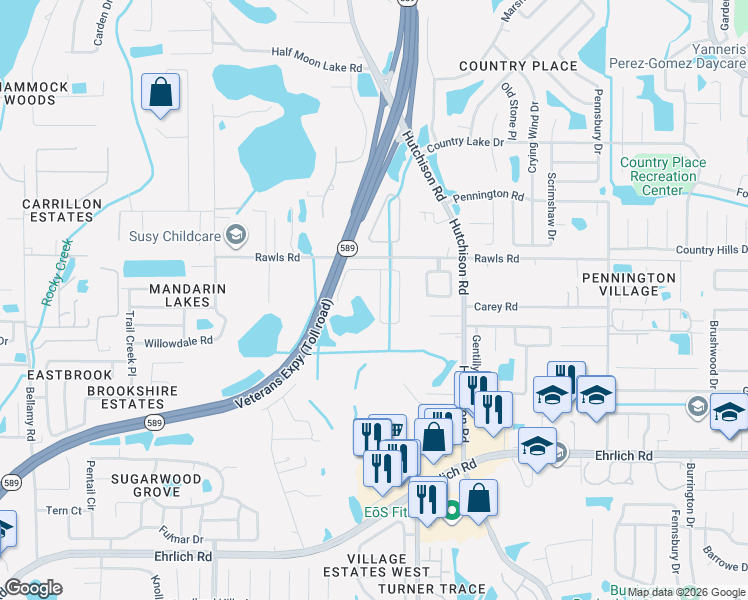 map of restaurants, bars, coffee shops, grocery stores, and more near 15315 Lake Bella Vista Drive in Tampa