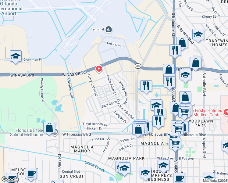 map of restaurants, bars, coffee shops, grocery stores, and more near 1154-1204 Paul Bryce Drive in Melbourne