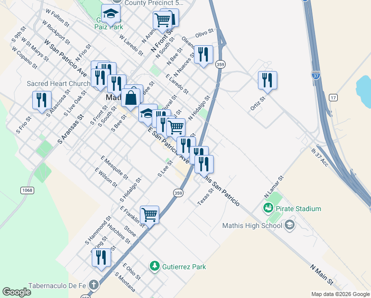 map of restaurants, bars, coffee shops, grocery stores, and more near 104 North Lee Street in Mathis