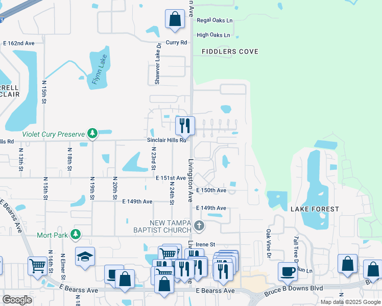 map of restaurants, bars, coffee shops, grocery stores, and more near 15202 Livingston Avenue in Lutz
